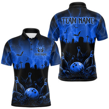 Maxcorners Blue Halloween Bowling Shirt, Personalized Skeleton Bowling Shirt With Custom Team Name For Men