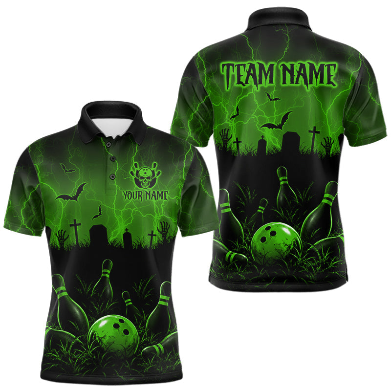 Maxcorners Green Halloween Bowling Shirt, Personalized Skeleton Bowling Shirt With Custom Team Name For Men