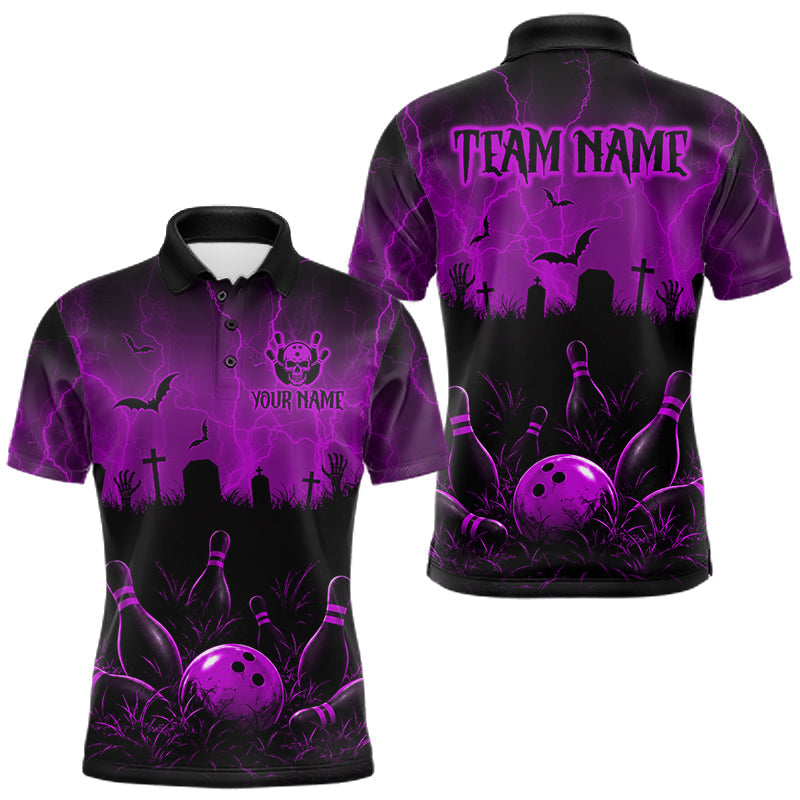Maxcorners Purple Halloween Bowling Shirt, Personalized Skeleton Bowling Shirt With Custom Team Name For Men