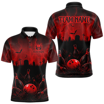Maxcorners Red Halloween Bowling Shirt, Personalized Skeleton Bowling Shirt With Custom Team Name For Men