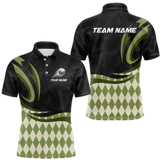 Maxcorners Personalized Mens Golf Polo Shirt Custom Name, Black Green Argyle Golf Team Polo
