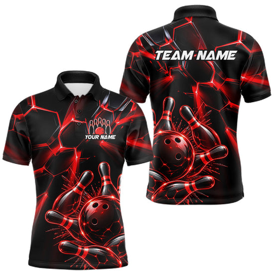 Maxcorners Men Red Glowing Lines Bowling Ball Jersey, Custom Team Name Bowling Polo Shirt