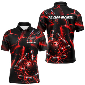 Maxcorners Men Red Glowing Lines Bowling Ball Jersey, Custom Team Name Bowling Polo Shirt