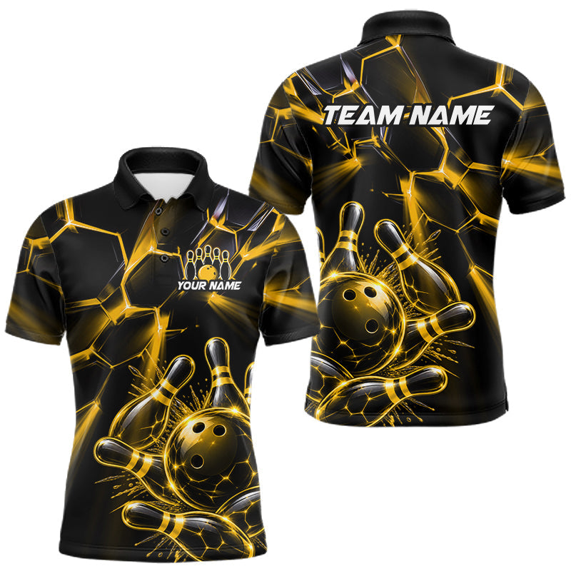 Maxcorners Men Yellow Glowing Lines Bowling Ball Jersey, Custom Team Name Bowling Polo Shirt