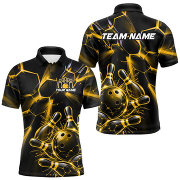 Maxcorners Men Yellow Glowing Lines Bowling Ball Jersey, Custom Team Name Bowling Polo Shirt