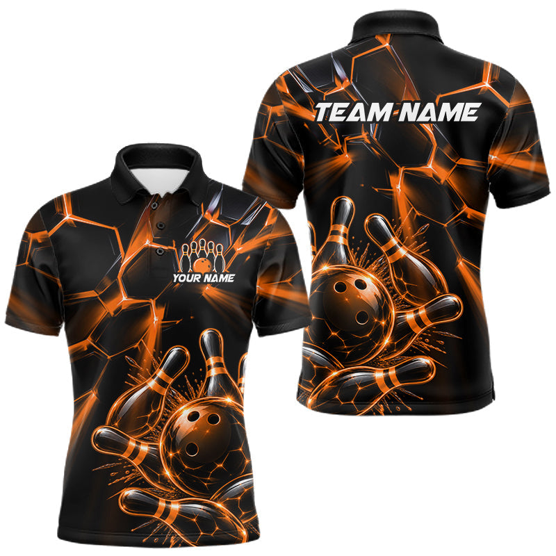 Maxcorners Men Orange Glowing Lines Bowling Ball Jersey, Custom Team Name Bowling Polo Shirt