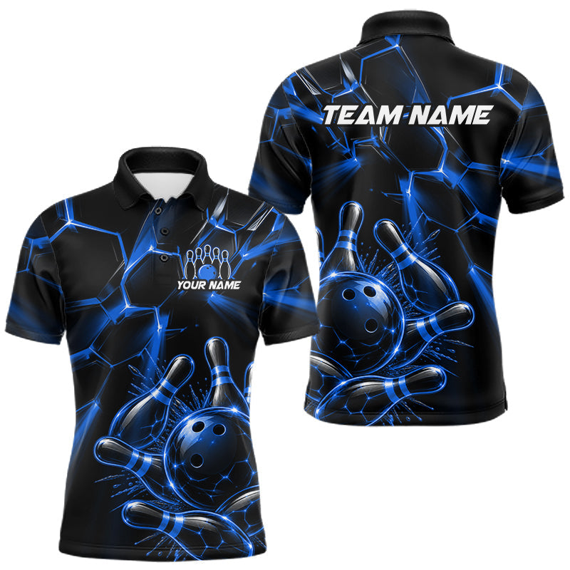 Maxcorners Men Blue Glowing Lines Bowling Ball Jersey, Custom Team Name Bowling Polo Shirt