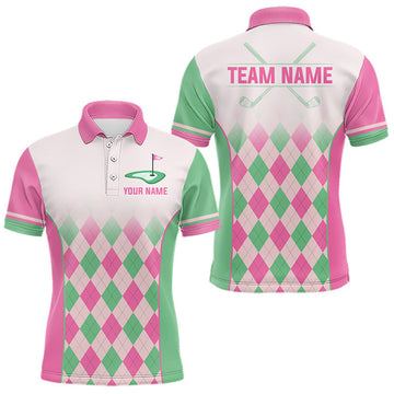 Maxcorners Argyle Pattern Golf Polo Shirts For Mens Custom Name, Golf Pattern Pink Green Shirt Gifts LM1705