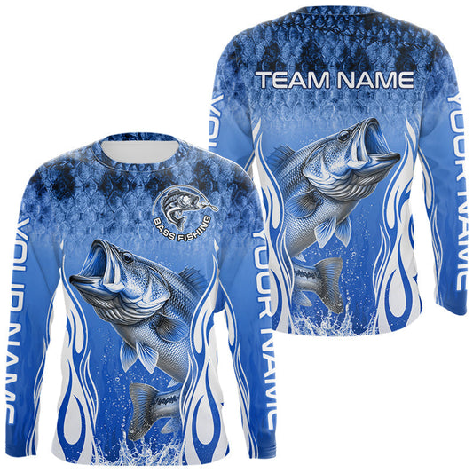 Maxcorners Personalized Team Bass Fishing Shirt - Long Sleeve Tournament Fishing Apparel|Blue LM2306
