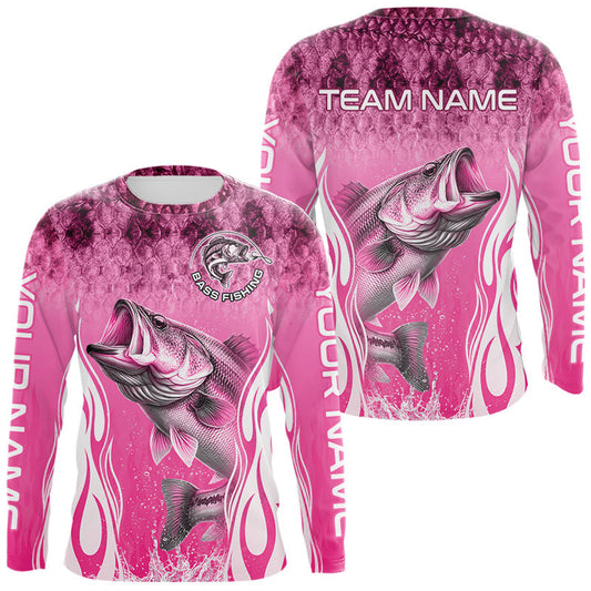 Maxcorners Personalized Team Bass Fishing Shirt - Long Sleeve Tournament Fishing Apparel|Pink LM2306