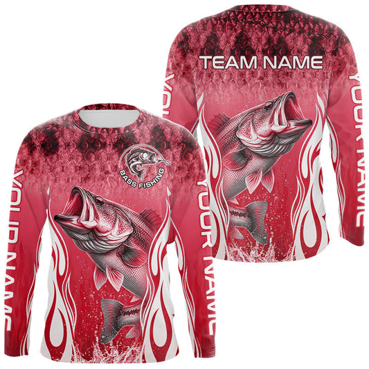 Maxcorners Personalized Team Bass Fishing Shirt - Long Sleeve Tournament Fishing Apparel|Red LM2306