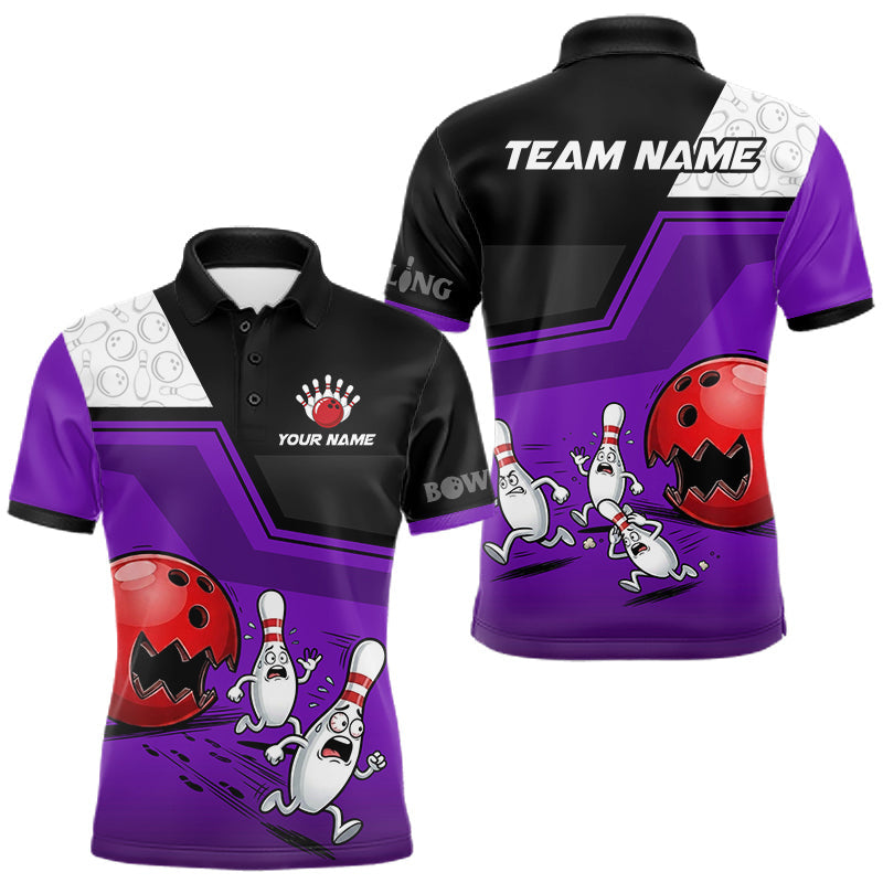 Maxcorners Custom Men Bowling Team Polo Shirt Purple Funny Pins Ball Design, Personalized Bowling Team Jersey