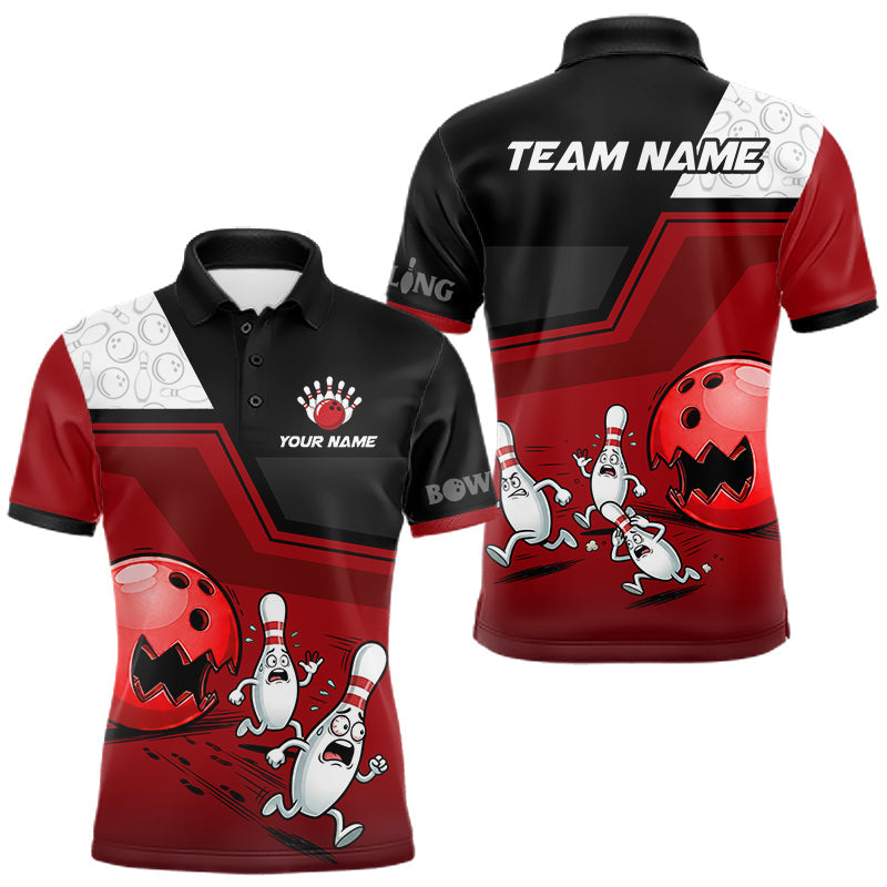 Maxcorners Custom Men Bowling Team Polo Shirt Red Funny Pins Ball Design, Personalized Bowling Team Jersey