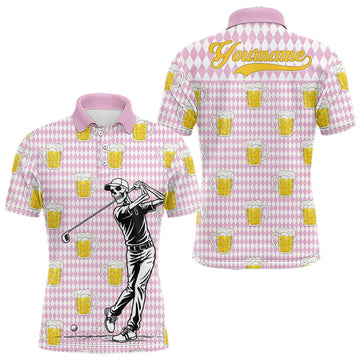 Maxcorners Funny Skull Golf Polo Shirts Beer Pink Argyle Pattern Custom Name Skull Playing Golf Apparel LM1904