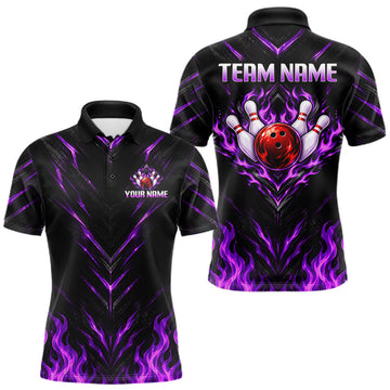 Maxcorners Custom Men Bowling Polo Shirt, Purple Flame Bowling Shirt, Personalized Name Team Bowling Polo