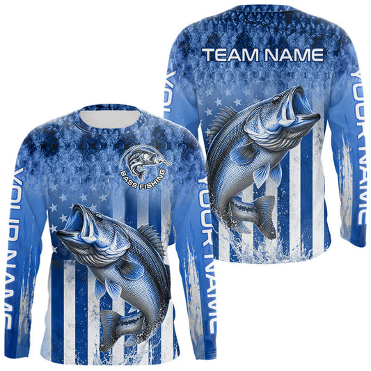 Maxcorners Custom Bass Fishing Shirt 3D Personalized Team Name Long Sleeve UV Protection Fishing Jersey|Blue LM2306