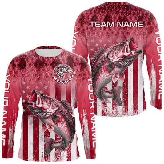 Maxcorners Custom Bass Fishing Shirt 3D Personalized Team Name Long Sleeve UV Protection Fishing Jersey|Red LM2306