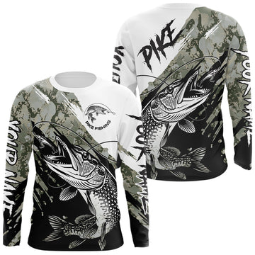 Maxcorners Personalized Gray Camo Northern Pike Fishing Jersey, Team Pike Fishing Long Sleeve Tournament Shirt LM2704