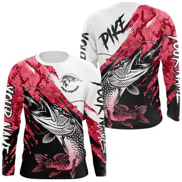 Maxcorners Personalized Red Northern Pike Fishing Jersey, Team Pike Fishing Long Sleeve Tournament Shirt LM2704