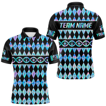 Maxcorners Men Custom Bowling DNA Polo Shirt, Personalized Bowling Team Name Shirt, Holo Argyle Bowling Jersey, Bowling League Uniform Gift