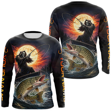 Maxcorners Personalized Fish Reaper Fishing Shirts Jerseys, Fish Reaper Sunset Pike Fishing Shirts Long Sleeve LM2704