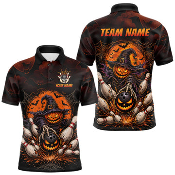 Maxcorners Men Custom Halloween Bowling Shirt, Personalized Team Name Pumpkin Bowling Polo, Halloween Gift LM2709