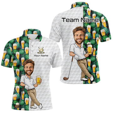 Maxcorners Custom Face Funny Golfer Tropical Beer Pattern Golf Polo Shirt for Men
