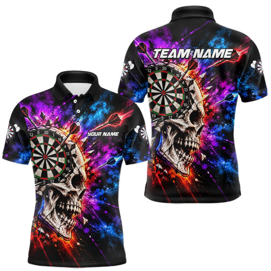 Maxcorners Colorful Splash Skull Darts Polo 1/4-Zip Shirt For Men Personalized Dart Player Match Jersey LM0510