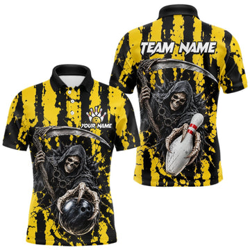 Maxcorners Grim Reaper Bowling Ball Pins Polo Shirt For Men Custom Yellow Black Team Tournament Jersey LM0510