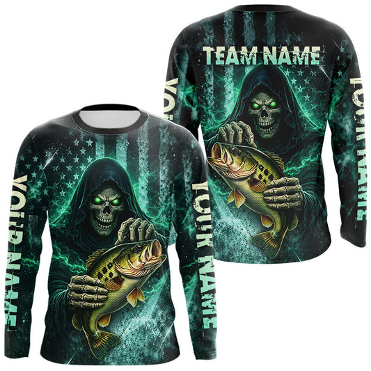 Maxcorners Custom Team Name Grim Reaper Bass Fishing With American Flag - Patriotic Bass Fishing Jersey LM0503