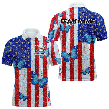 Maxcorners Personalized Blue Butterfly American Flag Polo – Custom Name Patriotic Golf Polo Shirt