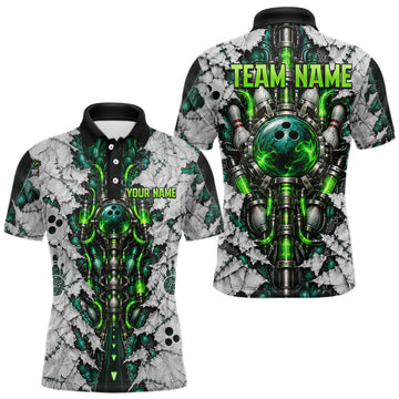 Maxcorners Green Biomechanical Bowling Ball Pins Polo Shirt For Men Custom Sci-Fi Team Tournament Jersey