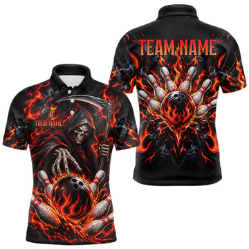 Maxcorners Personalized Red Grim Reaper Flaming Bowling Ball Polo Shirt, Flaming Skull Bowling Team Jersey Men