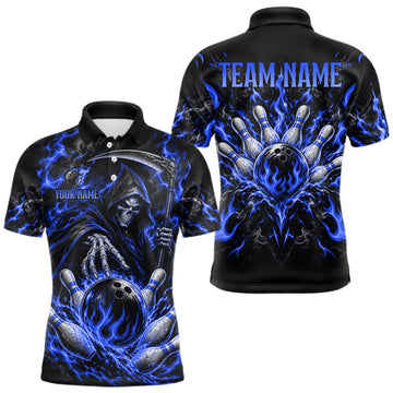 Maxcorners Personalized Blue Grim Reaper Flaming Bowling Ball Polo Shirt, Flaming Skull Bowling Team Jersey Men