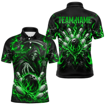 Maxcorners Personalized Green Grim Reaper Flaming Bowling Ball Polo Shirt, Flaming Skull Bowling Team Jersey Men