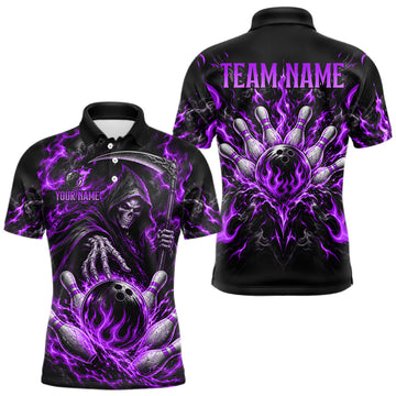 Maxcorners Personalized Purple Grim Reaper Flaming Bowling Ball Polo Shirt, Flaming Skull Bowling Team Jersey Men