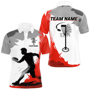 Maxcorners Mens Disc Golf Polo Shirt Custom Name White And Red Disc Golf Basket Golf Shirts Personalized LM0901