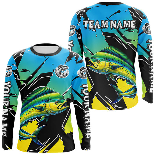 Maxcorners Personalized Mahi Mahi Fishing Shirts Long Sleeve Custom Team Name, Fishing Jersey For Men LM2602