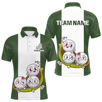 Maxcorners Mens Custom Green White Golf Team Polo Shirt, Funny Golf Ball Family Design, Matching Team Outfit