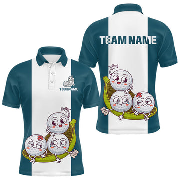 Maxcorners Mens Custom Blue Teal White Golf Team Polo Shirt, Funny Golf Ball Family Design, Matching Team Outfit