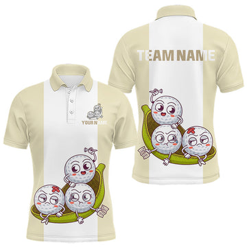 Maxcorners Mens Custom Beige White Golf Team Polo Shirt, Funny Golf Ball Family Design, Matching Team Outfit