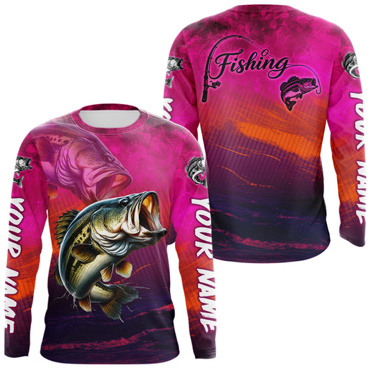 Maxcorners Custom Name Hot Pink Bass Fishing Jersey - Personalized 3D Long Sleeve Fishing Shirt LM2306