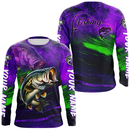 Maxcorners Custom Name Purple Lime Bass Fishing Jersey - Personalized 3D Long Sleeve Fishing Shirt LM2306