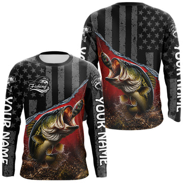 Maxcorners Gray Red Bass Custom Long Sleeve Fishing Shirts, American Flag Patriotic Bass Fishing Jerseys LM2405