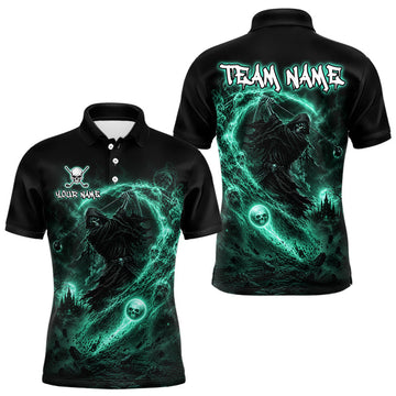 Maxcorners Green Grim Reaper Mens Golf Polo Shirt – Personalized Team Name Gothic Golf Jersey