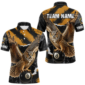 Maxcorners Personalized Owl 8 Ball Billiards Polo Shirt, Black And Gold Graphic Sports Jersey For Men LM2709