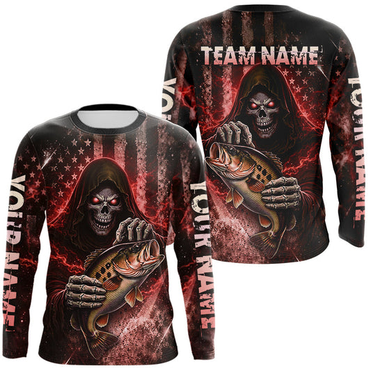 Maxcorners Custom Team Name Grim Reaper Bass Fishing With American Flag - Patriotic Bass Fishing Jersey | Red LM2603