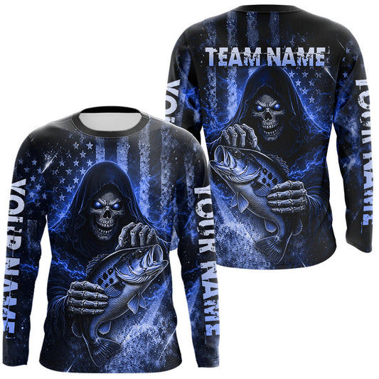 Maxcorners Custom Team Name Grim Reaper Bass Fishing With American Flag - Patriotic Bass Fishing Jersey | Yellow LM2603