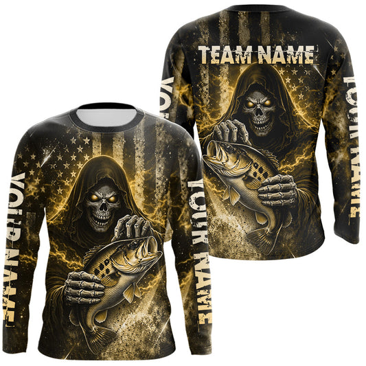 Maxcorners Custom Team Name Grim Reaper Bass Fishing With American Flag - Patriotic Bass Fishing Jersey | Blue LM2603