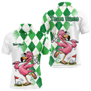 Maxcorners Funny Pink Flamingo Argyle Green Pattern Golf Polo Shirt Custom Golf Shirts For Men